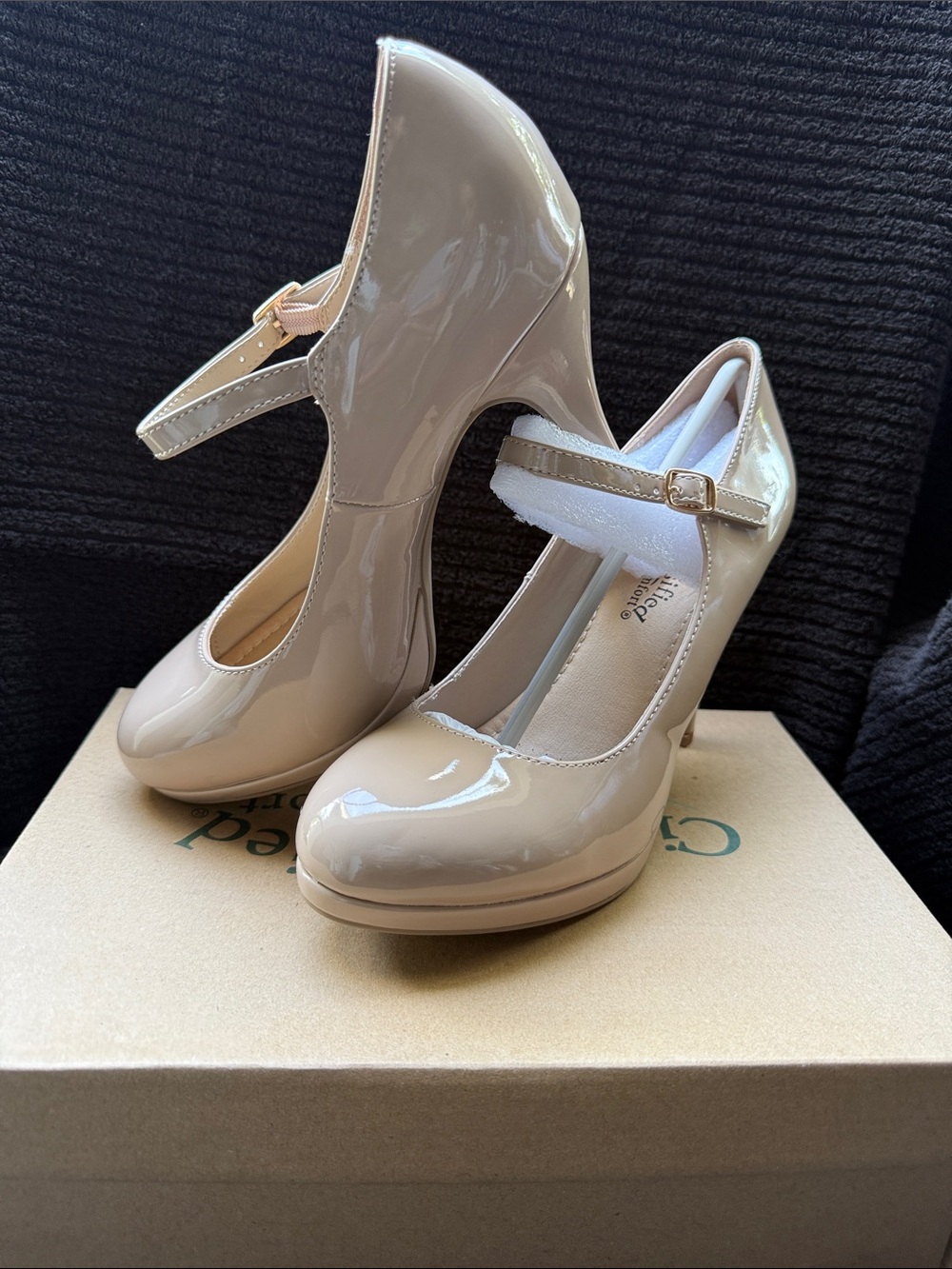 Jennifer Lopez Nude Patent Mary Jane Heels with Ankle Strap
